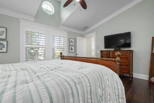 bedroom featuring dark hardwood / wood-style floors, ceiling fan, crown molding, and multiple windows