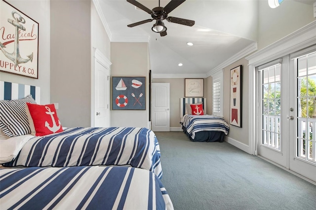 bedroom featuring carpet flooring, ceiling fan, access to exterior, and ornamental molding