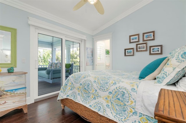 bedroom with access to exterior, vaulted ceiling, ceiling fan, crown molding, and dark hardwood / wood-style floors