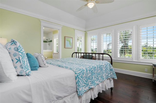 bedroom featuring multiple windows, ceiling fan, and dark hardwood / wood-style floors