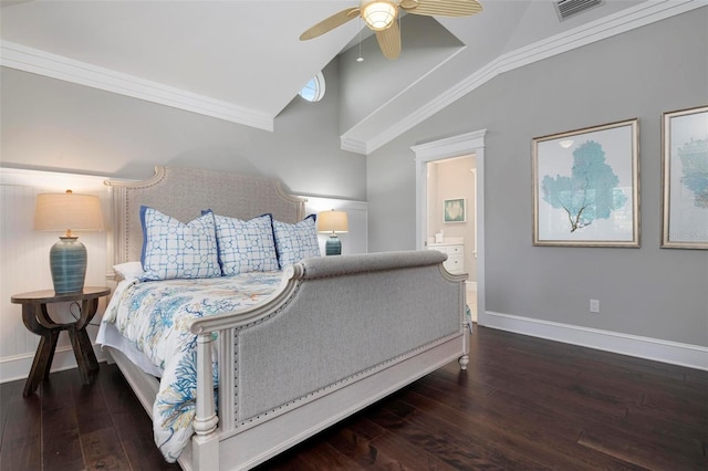 bedroom featuring dark hardwood / wood-style flooring, vaulted ceiling, ceiling fan, crown molding, and connected bathroom