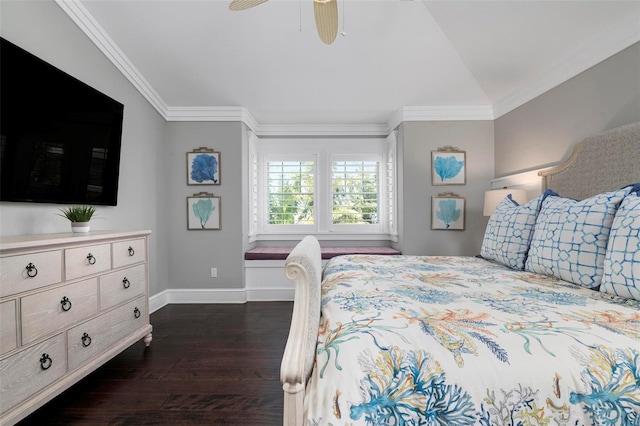 bedroom featuring ceiling fan, crown molding, lofted ceiling, and dark wood-type flooring