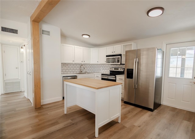 kitchen featuring a center island, sink, decorative backsplash, appliances with stainless steel finishes, and white cabinetry