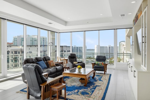 living room with a raised ceiling