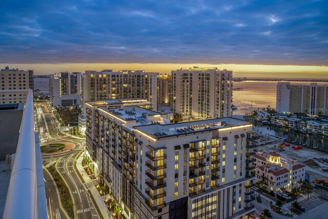 property's view of city featuring a water view