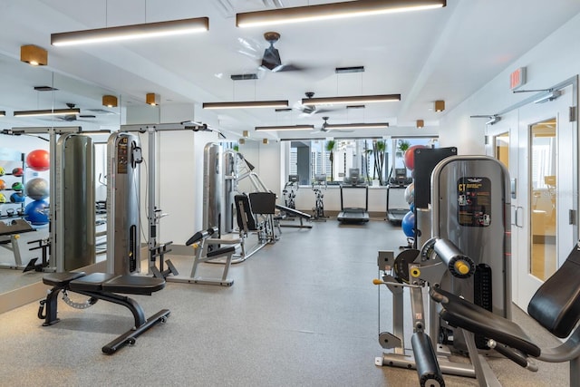 gym featuring ceiling fan and a healthy amount of sunlight