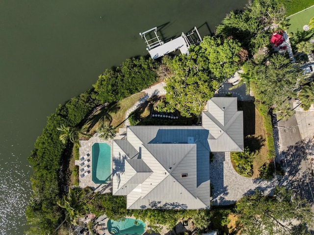 drone / aerial view featuring a water view