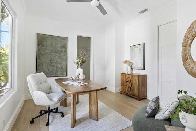 office with a healthy amount of sunlight, ceiling fan, light hardwood / wood-style floors, and ornamental molding