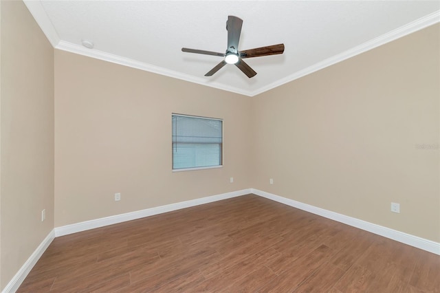 spare room with hardwood / wood-style floors, ceiling fan, and crown molding