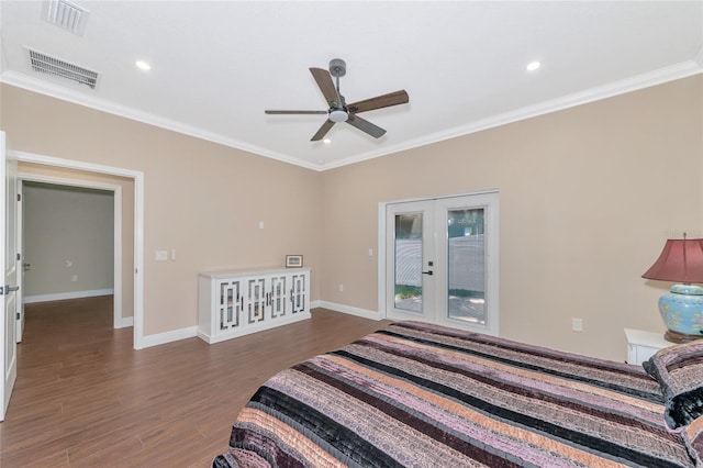 bedroom with access to outside, french doors, ceiling fan, ornamental molding, and dark hardwood / wood-style flooring