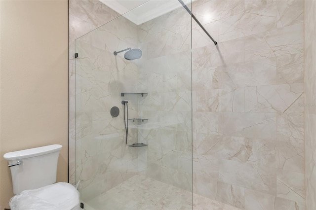 bathroom with a tile shower and toilet