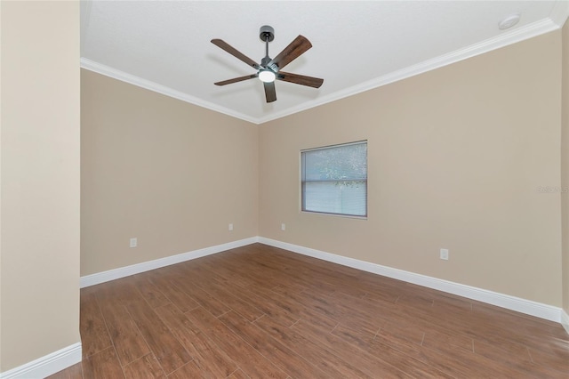 empty room with hardwood / wood-style floors, ceiling fan, and crown molding