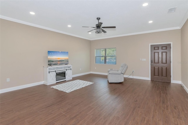 unfurnished living room featuring ceiling fan, dark hardwood / wood-style flooring, and ornamental molding