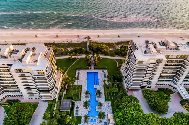 aerial view featuring a view of the beach and a water view