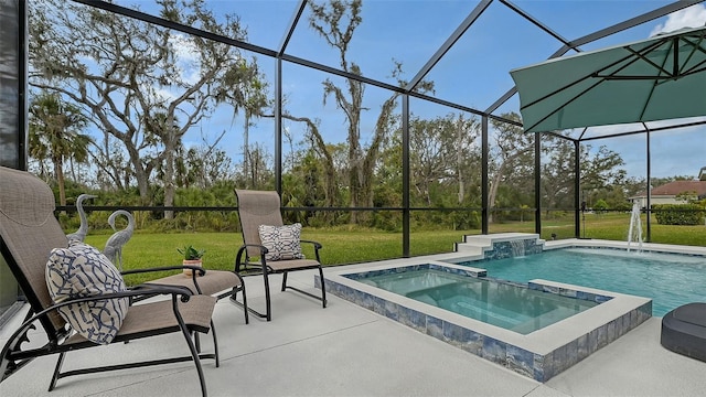 view of pool with a lawn, a lanai, an in ground hot tub, and a patio