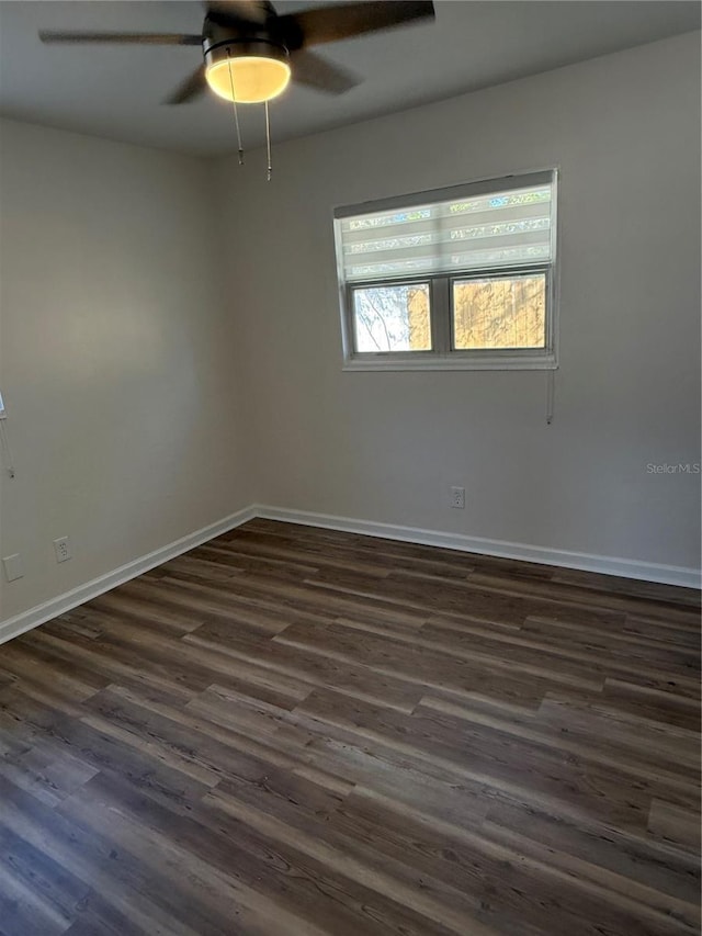 empty room featuring ceiling fan and dark wood-type flooring