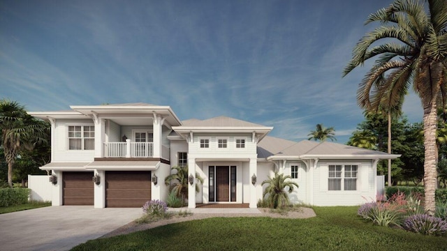 view of front of house with a garage, a balcony, and a front lawn