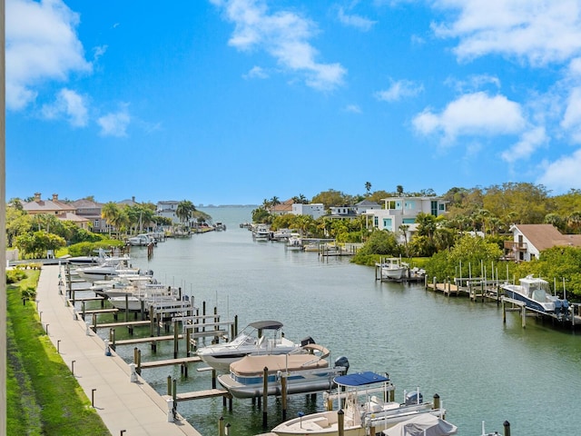 view of water feature with a dock