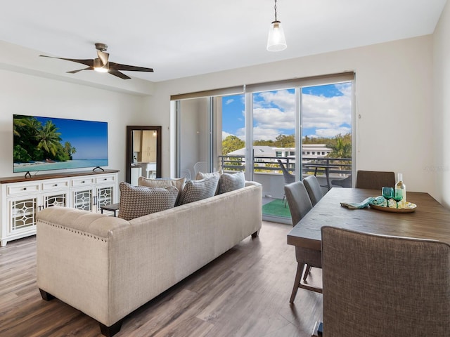 living room with ceiling fan and hardwood / wood-style floors