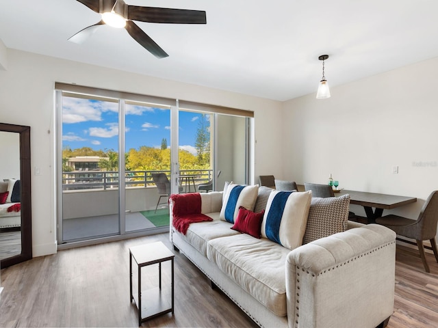 living room featuring hardwood / wood-style flooring and ceiling fan