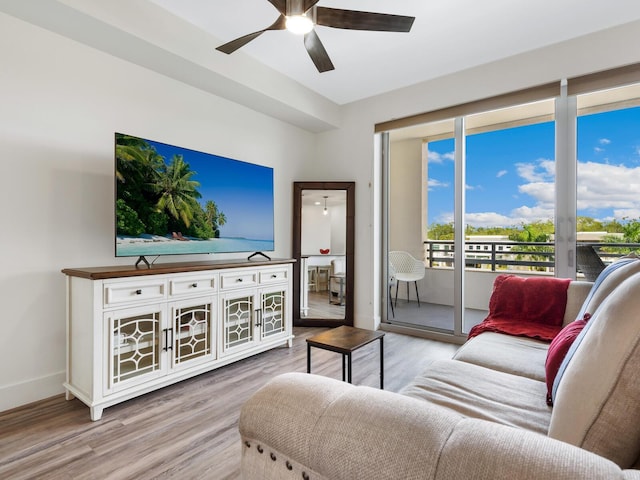 living room with ceiling fan and wood-type flooring