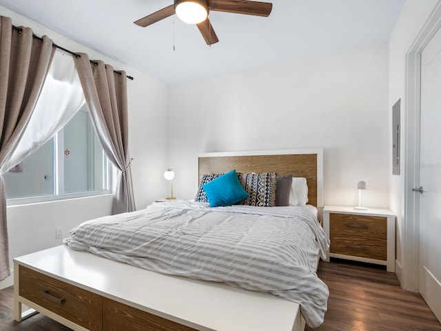 bedroom featuring dark hardwood / wood-style flooring, electric panel, and ceiling fan