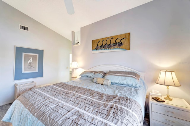 bedroom featuring ceiling fan and vaulted ceiling