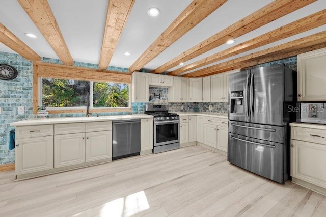 kitchen featuring backsplash, stainless steel appliances, sink, light hardwood / wood-style flooring, and beamed ceiling