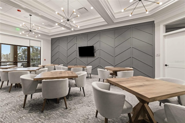 dining space with coffered ceiling, crown molding, beamed ceiling, and a chandelier