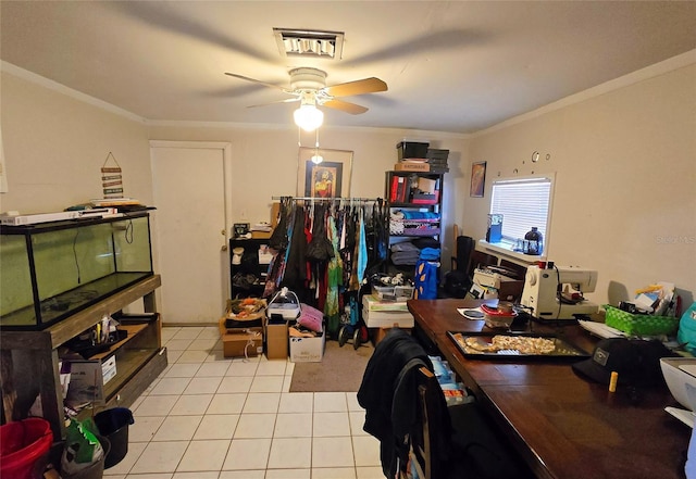 tiled office with crown molding and ceiling fan