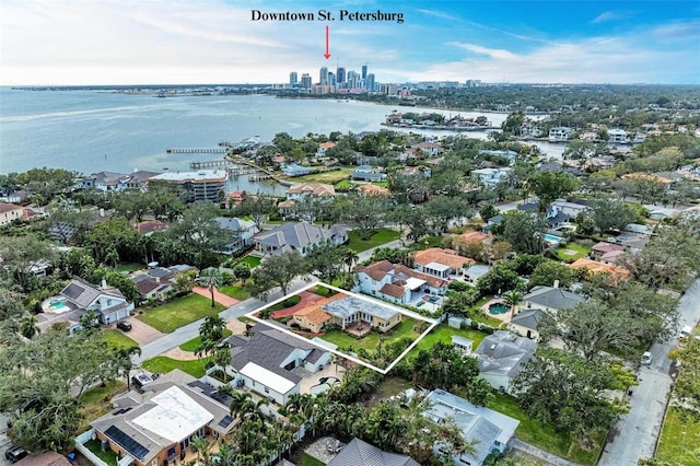 aerial view featuring a water view