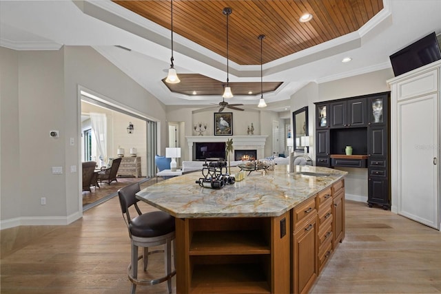 kitchen featuring a center island with sink, light hardwood / wood-style floors, a raised ceiling, and wooden ceiling