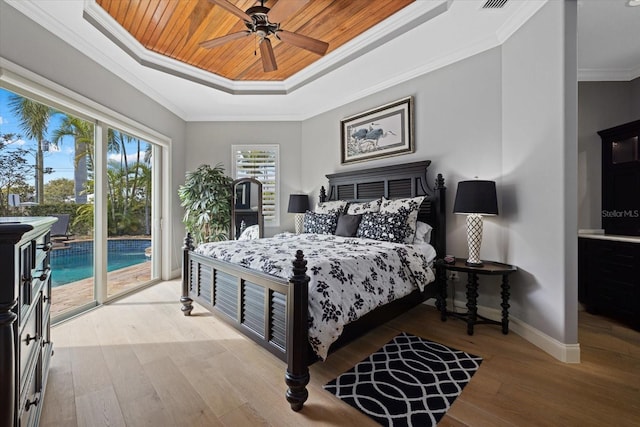 bedroom with access to exterior, light hardwood / wood-style floors, crown molding, and wood ceiling