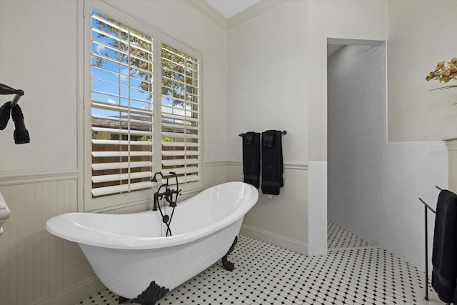 bathroom featuring tile patterned floors, plus walk in shower, and ornamental molding