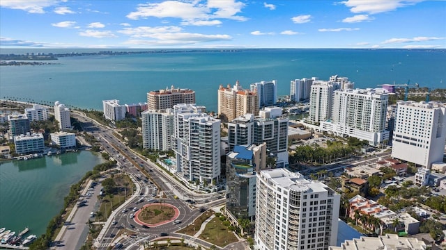 drone / aerial view featuring a water view