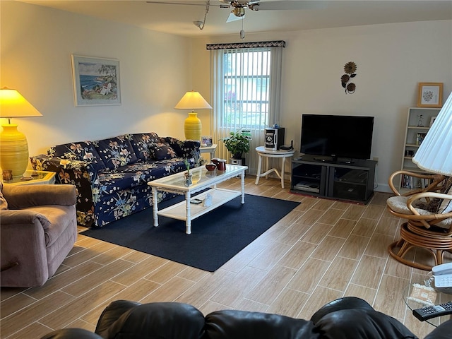 living room with ceiling fan