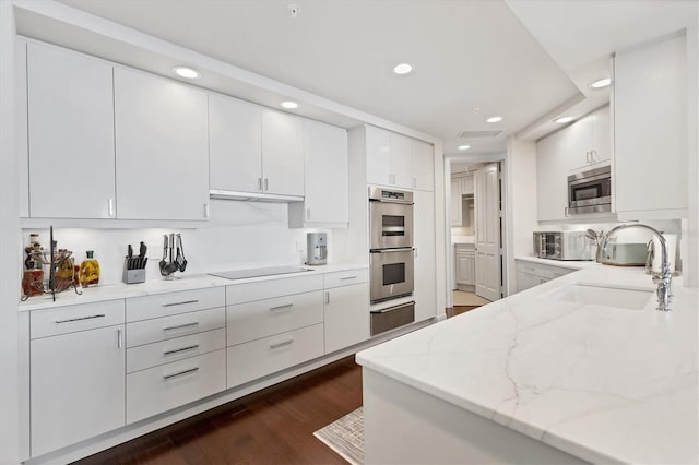 kitchen with light stone counters, dark wood-type flooring, white cabinets, and stainless steel appliances