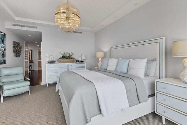 carpeted bedroom with an inviting chandelier, wooden ceiling, crown molding, and a tray ceiling