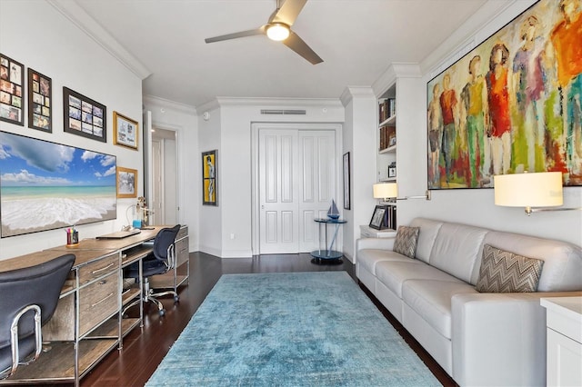 office space with ceiling fan, dark hardwood / wood-style flooring, and ornamental molding