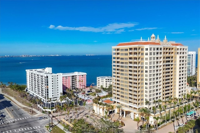 bird's eye view with a water view