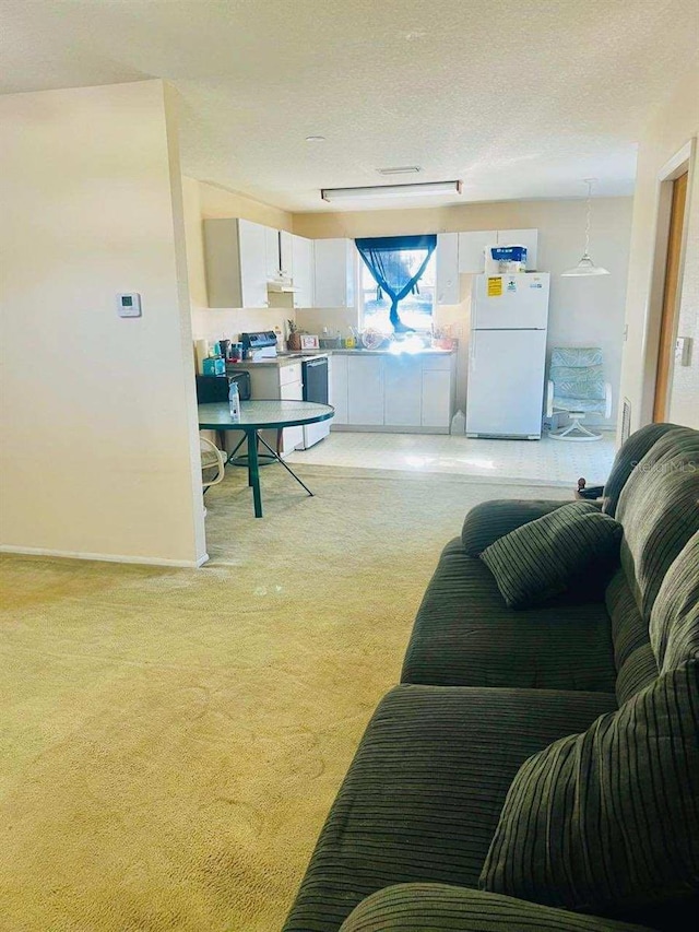 carpeted living room with a textured ceiling