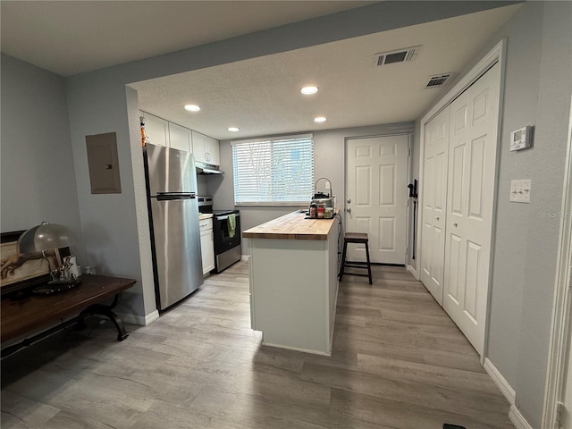 kitchen featuring wooden counters, appliances with stainless steel finishes, light hardwood / wood-style floors, electric panel, and white cabinetry