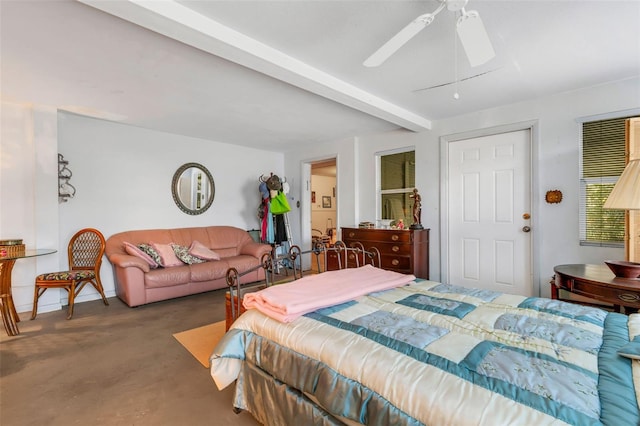 bedroom with ceiling fan and beamed ceiling