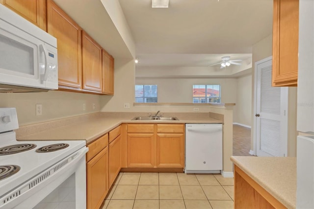 kitchen with ceiling fan, sink, kitchen peninsula, white appliances, and light tile patterned flooring