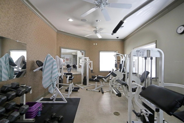 gym with crown molding and ceiling fan