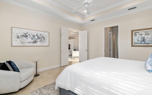 tiled bedroom featuring ceiling fan and ornamental molding