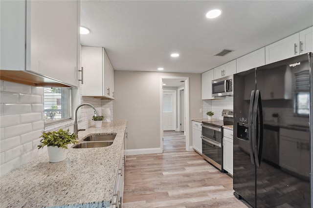 kitchen with sink, stainless steel appliances, backsplash, white cabinets, and light wood-type flooring