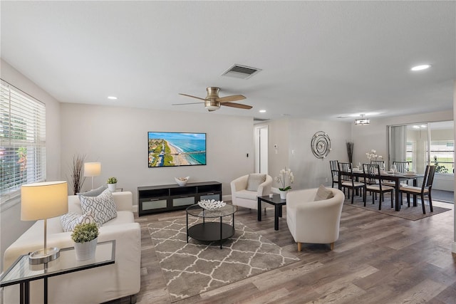 living room with hardwood / wood-style floors, a wealth of natural light, and ceiling fan