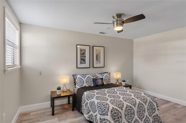 bedroom with ceiling fan and light hardwood / wood-style floors