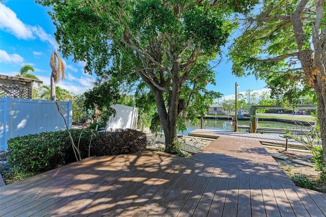 wooden terrace with a water view and a dock